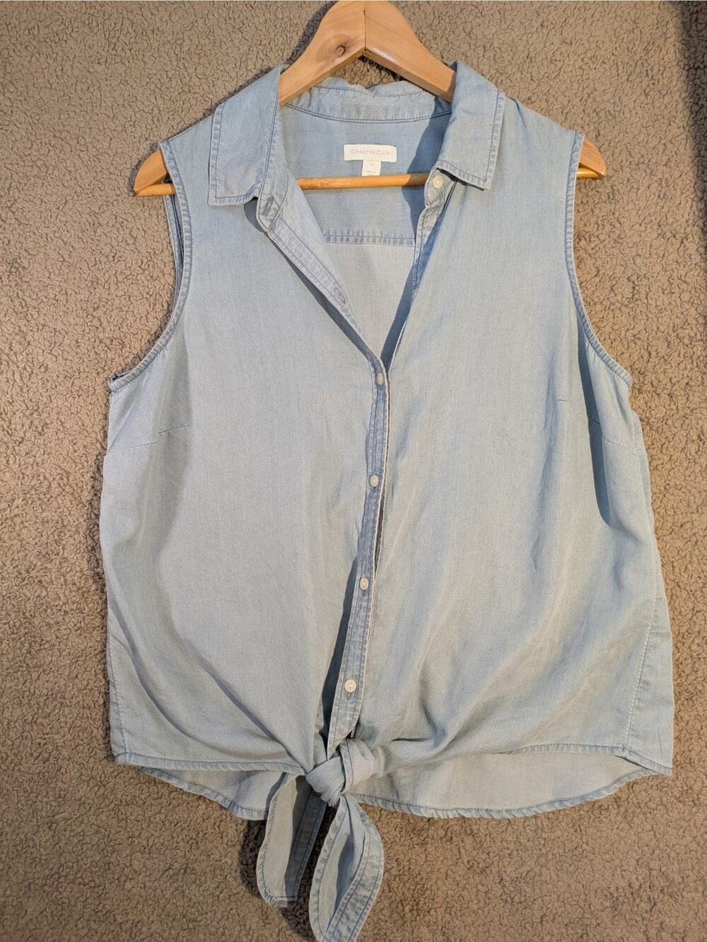 Charter Club White Sleeveless Blouse Women’s 12 Button Front Tie Waist Top